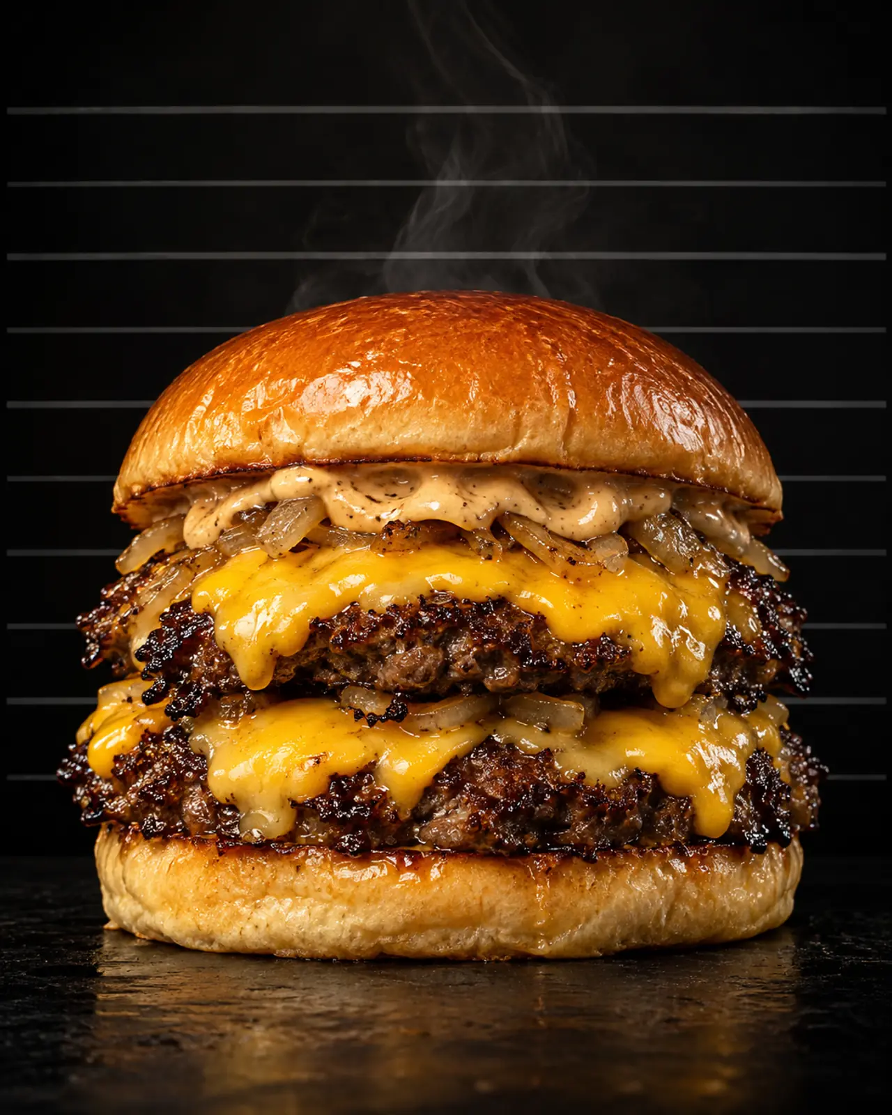Smash burger snimljen spreda uz diskretne horizontalne linije na crnom zidu