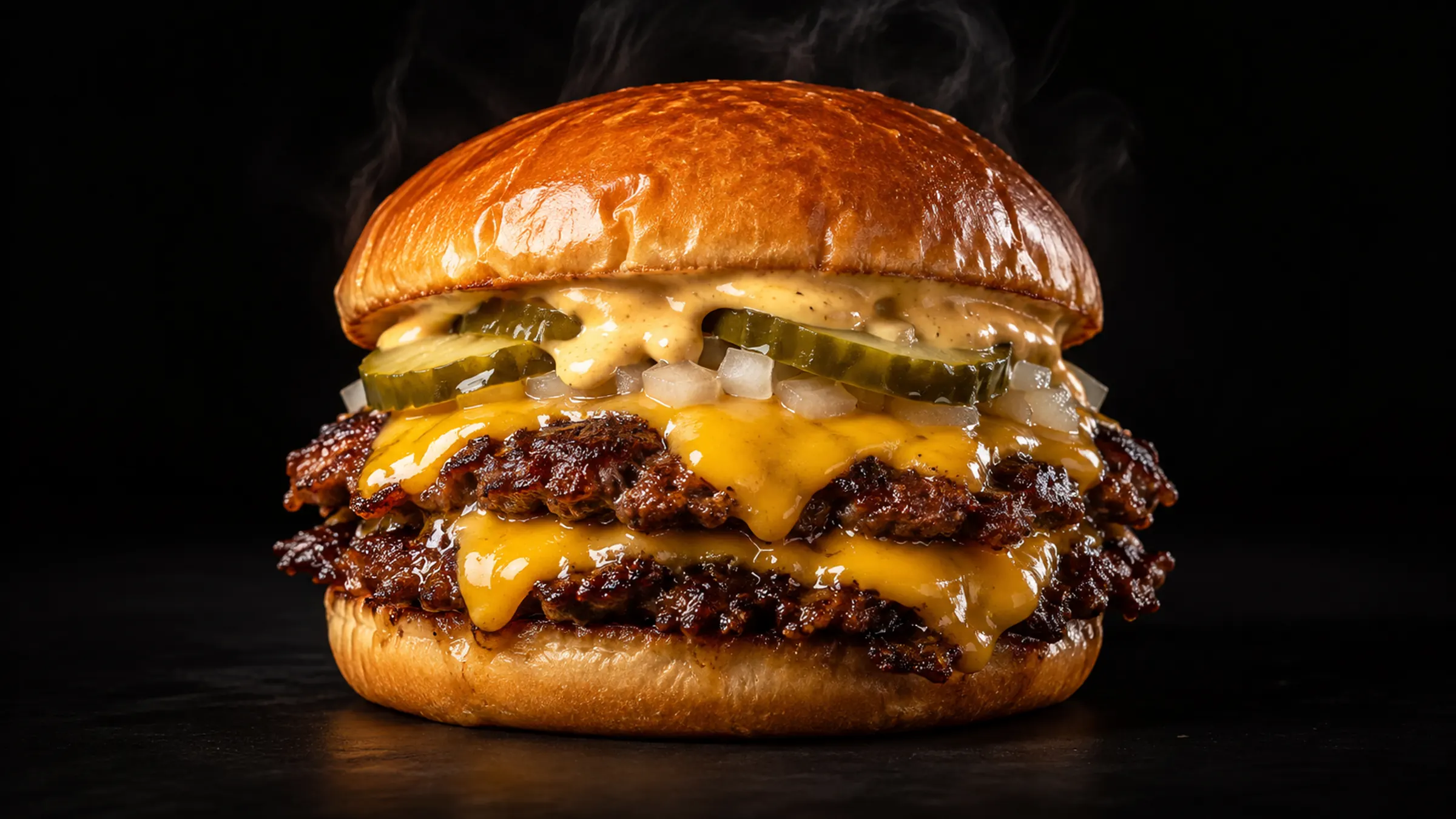 Dupli smash burger sa otopljenim sirom, kiselim krastavcima i zlatnom zemičkom na crnoj pozadini
