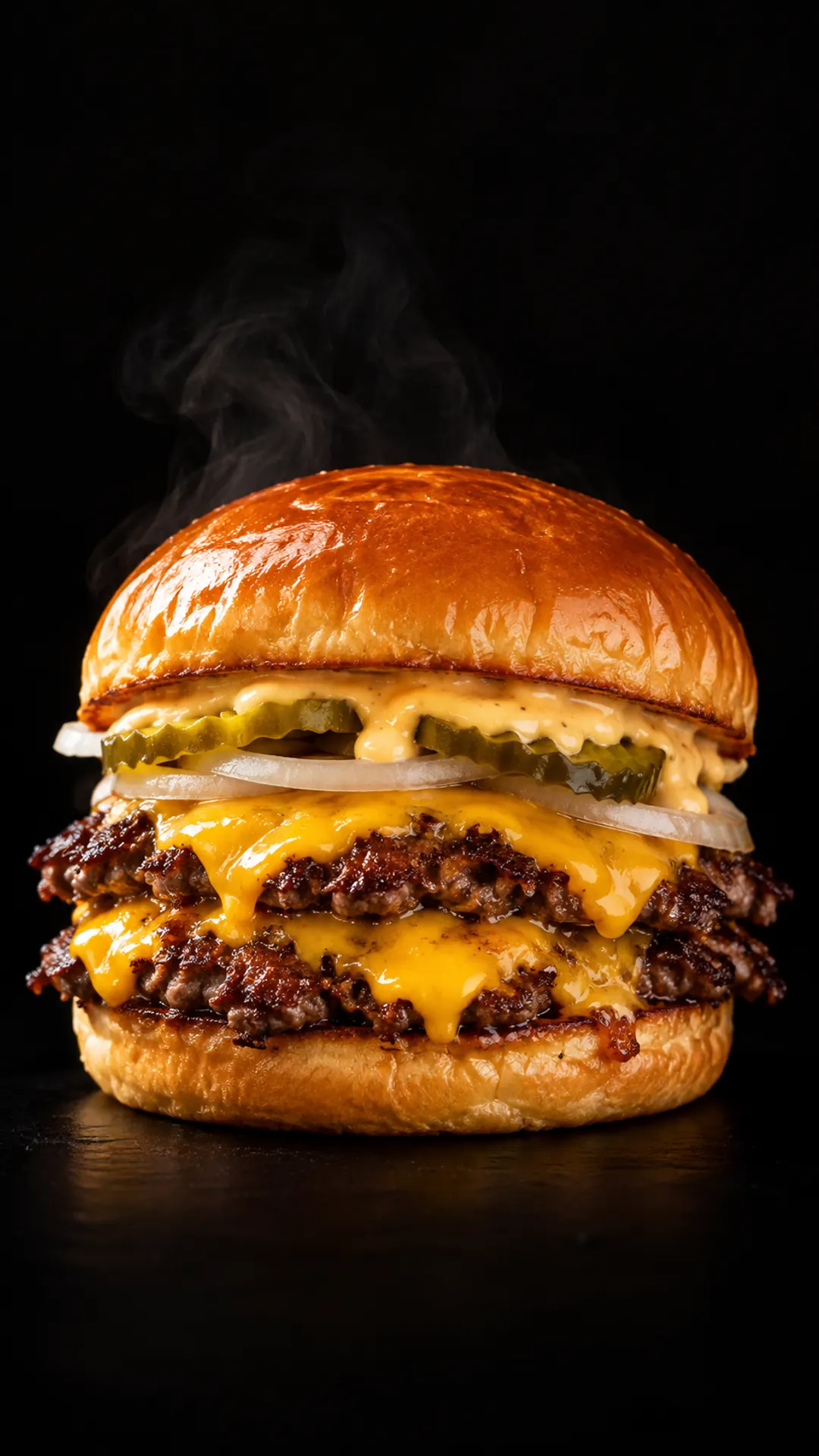 Dupli smash burger sa otopljenim sirom, kiselim krastavcima i zlatnom zemičkom na crnoj pozadini
